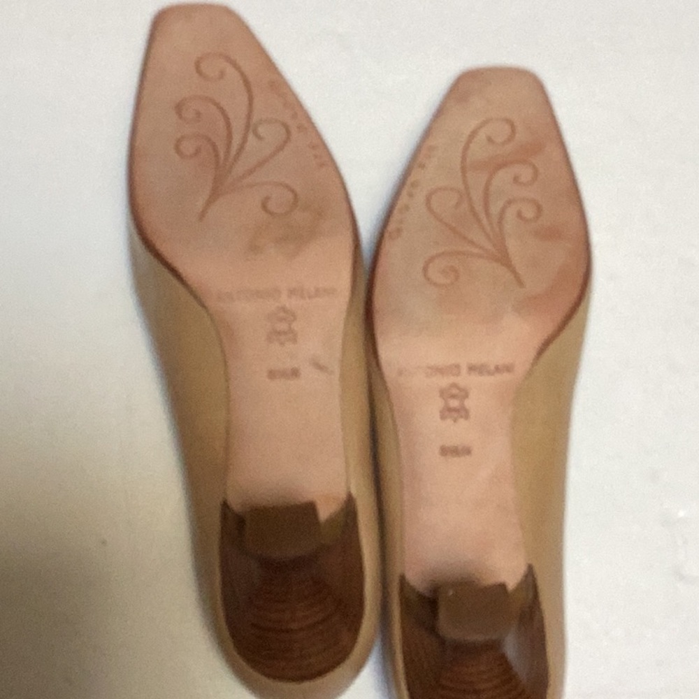 Antonio Melani Neutral Fawn Faux Lace Up Leather Square Toe Wood Stack Heels - Picture 5 of 10